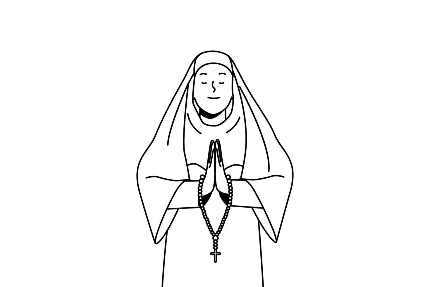 Calm nun in traditional clothes praying. Church sister with rosary talk to God. Religion and faith concept. Vector illustration.