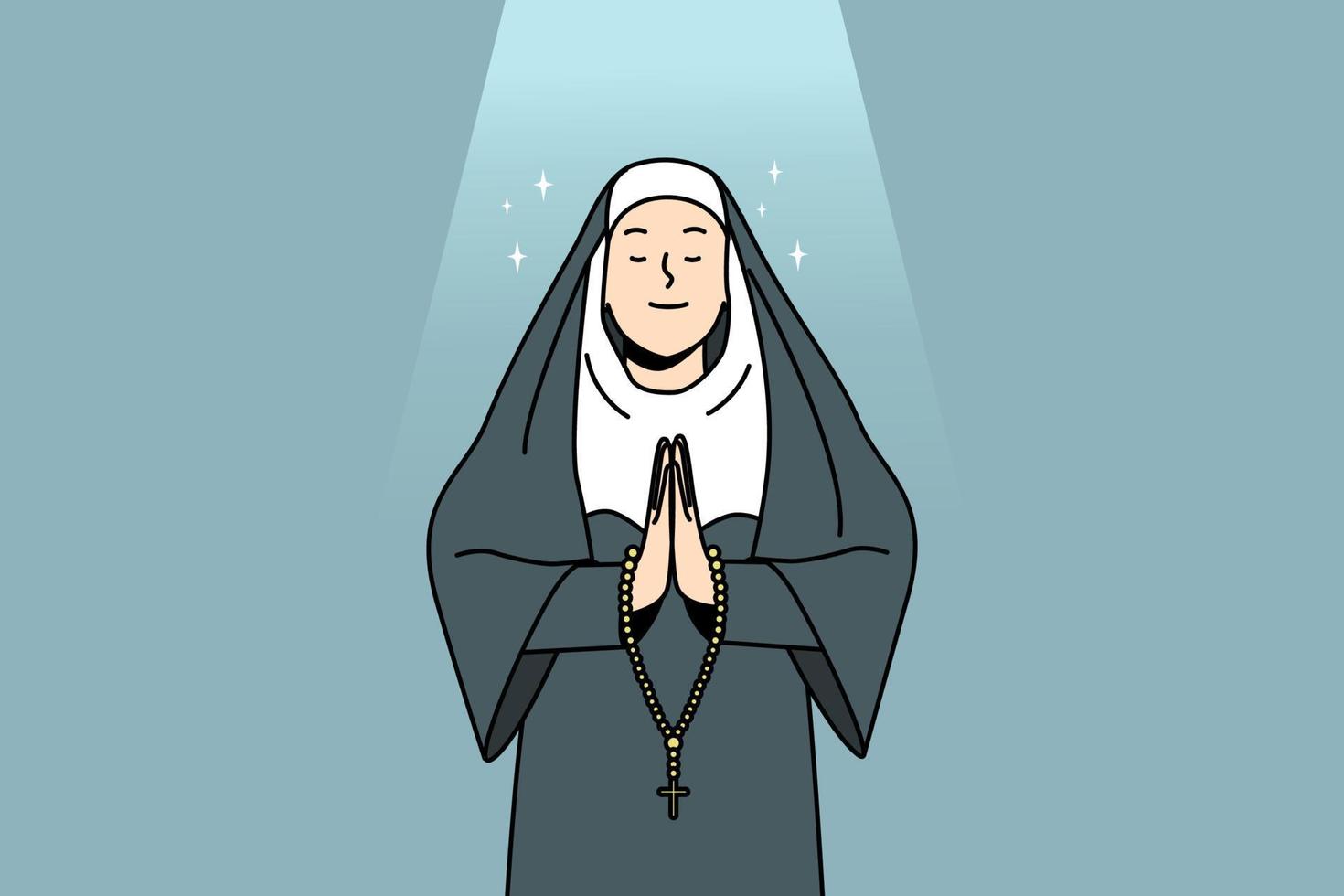 monja tranquila con ropa tradicional rezando. hermana de la iglesia con rosario habla con dios. concepto de religión y fe. ilustración vectorial vector