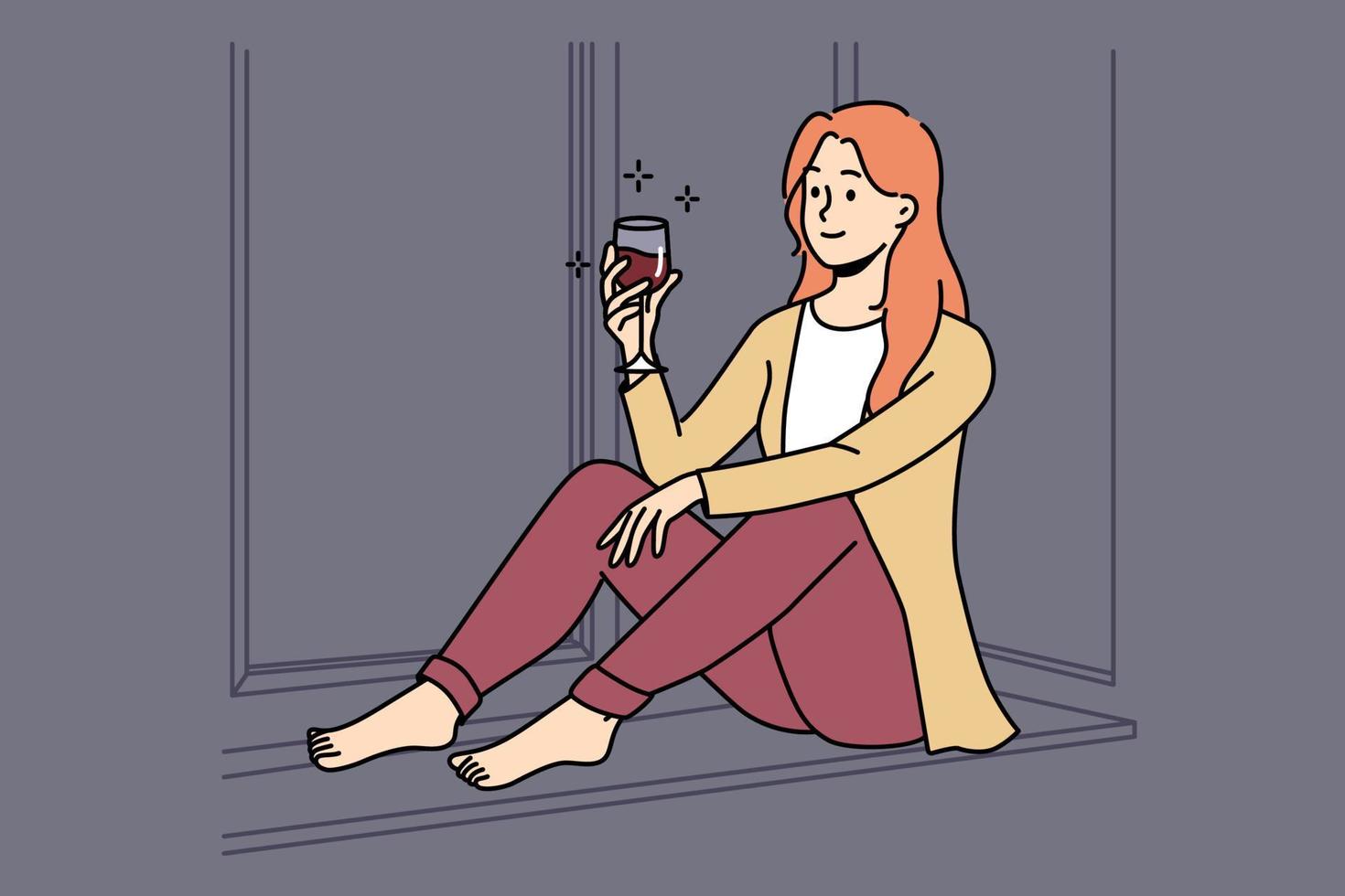 Happy young woman sit on windowsill at home relax with glass of red wine. Smiling girl rest indoors on weekend with drink. Relaxation. Vector illustration.