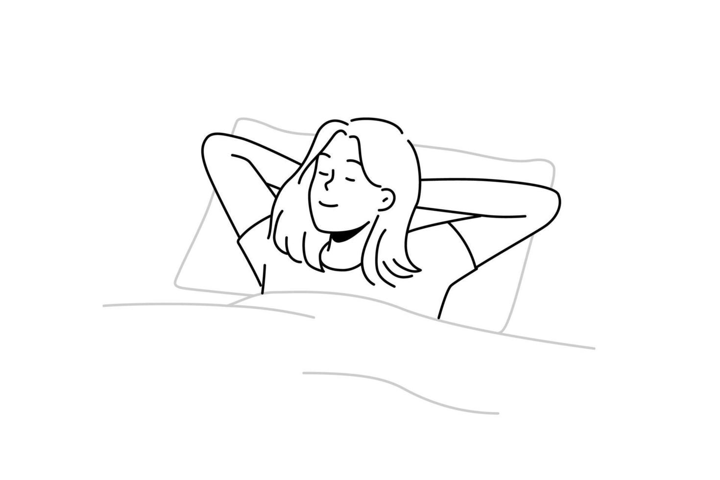 mujer joven feliz acostada en la cama durmiendo. niña sonriente relajarse en el dormitorio soñando o tomando una siesta. relajación y comodidad. ilustración vectorial vector