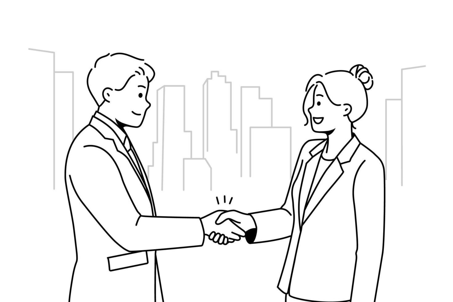 Smiling businesspeople handshake greeting getting acquainted. Happy business partners shake hands close deal or make agreement. Vector illustration.
