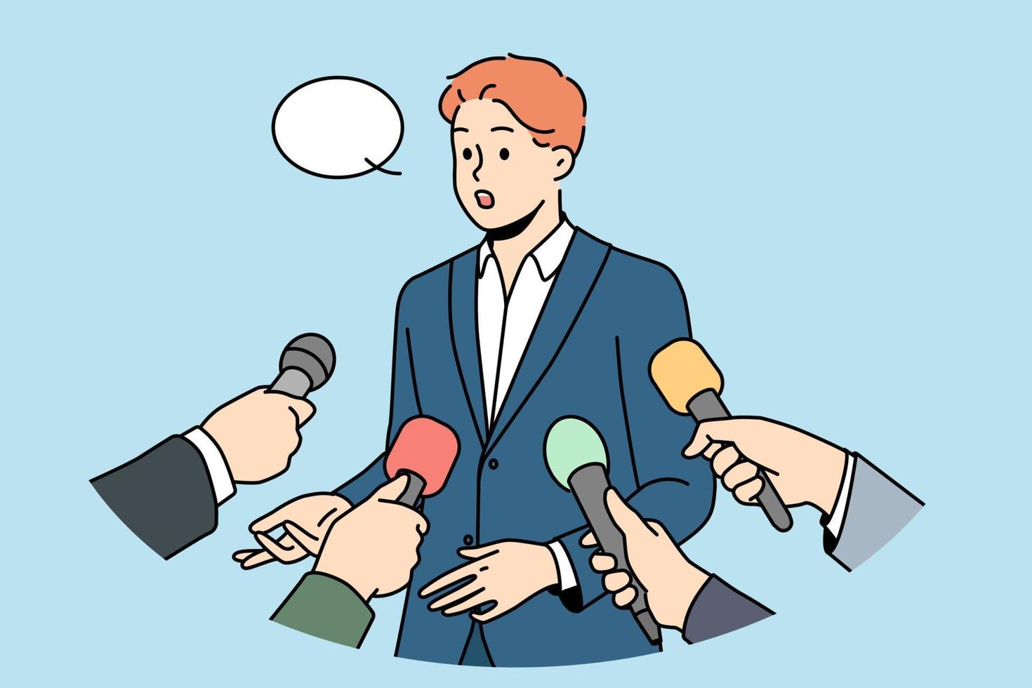 Male politician with speech bubble above head give interview to reporters with microphones. Man in suit speak with journalists with mic. Vector illustration.