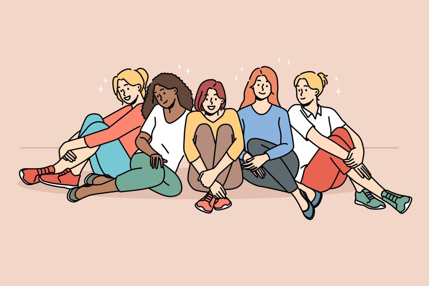 Smiling multiracial diverse women sit together show unity and support. Happy multiethnic interracial girls have fun relax. Togetherness and friendship. Vector illustration.