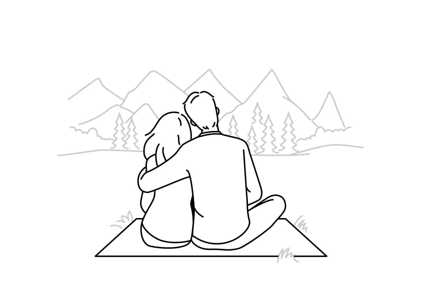 Happy couple sitting in mountains enjoying relaxing weekend together. Man and woman hug in wild nature outdoors. Vector illustration.