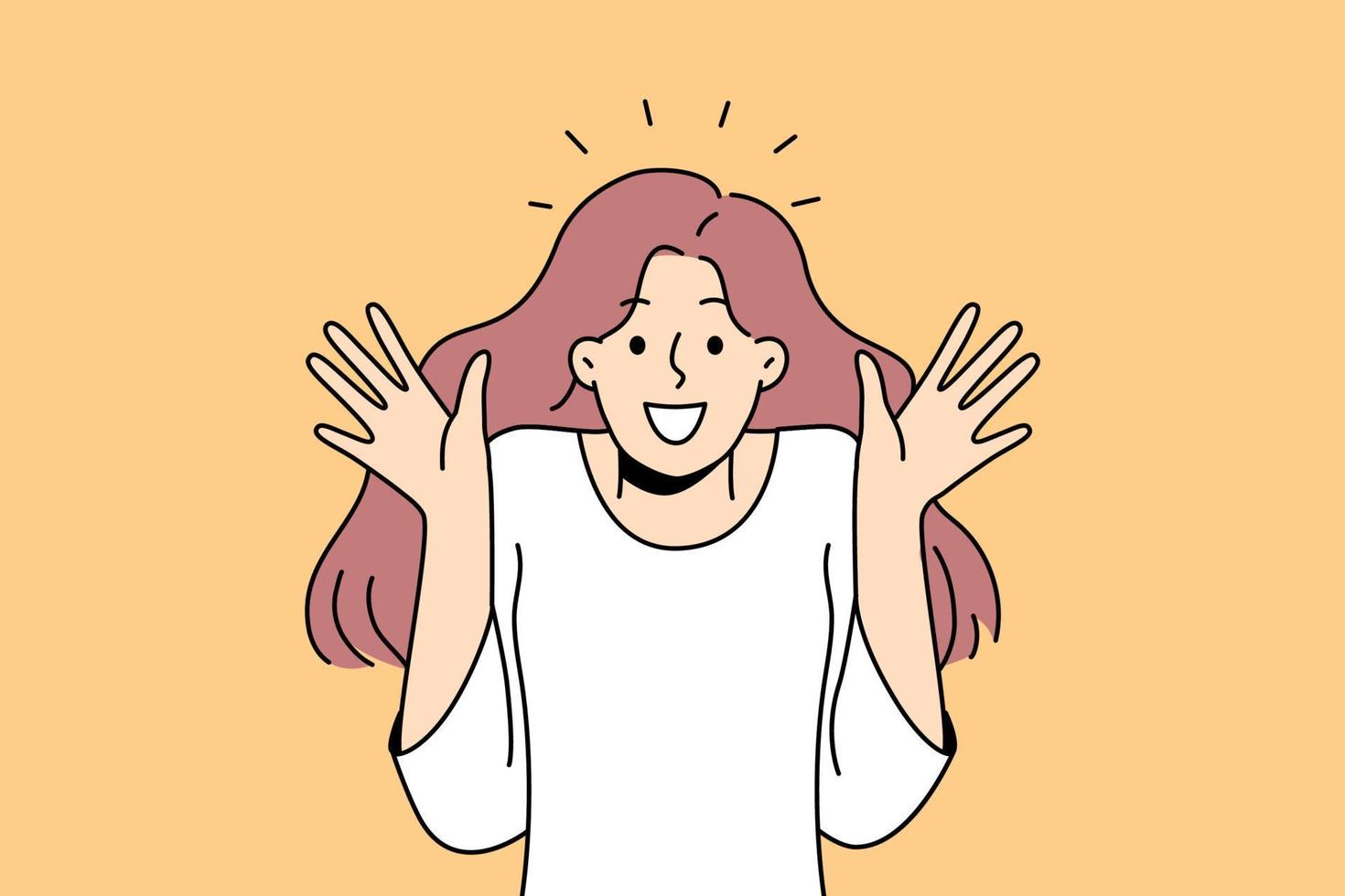 Overjoyed young woman feel astonished and surprised. Smiling girl feeling shocked and stunned with emotions. Vector illustration.