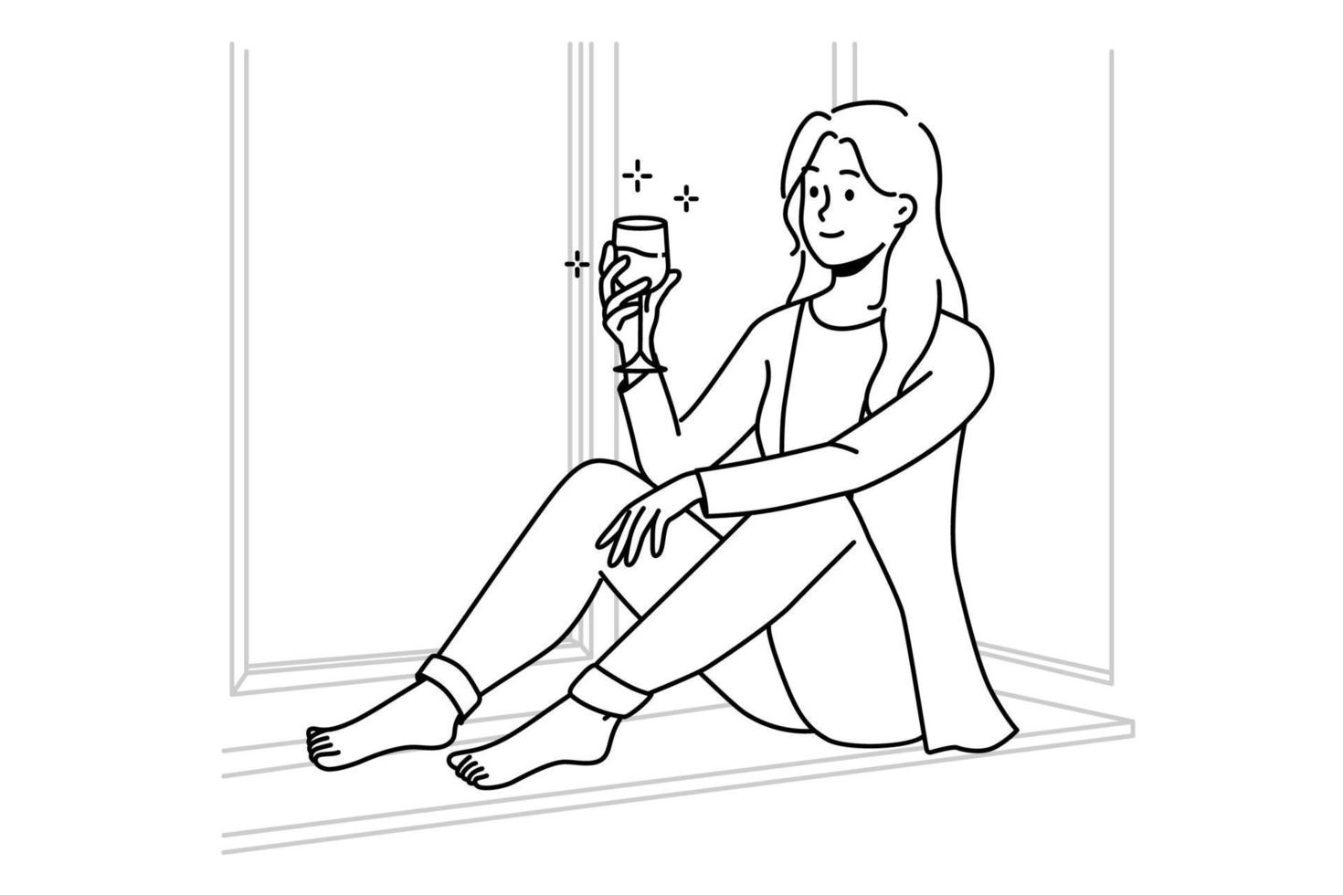 Happy young woman sit on windowsill at home relax with glass of red wine. Smiling girl rest indoors on weekend with drink. Relaxation. Vector illustration.