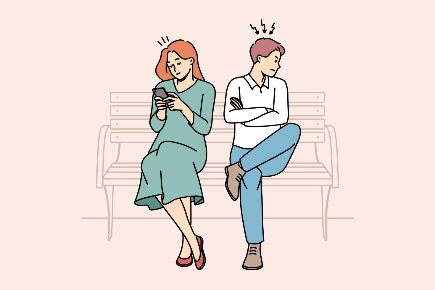 Angry man mad at busy woman using cellphone texting or messaging online in gadget. Stubborn couple sit on bench have relationship problems. Vector illustration.