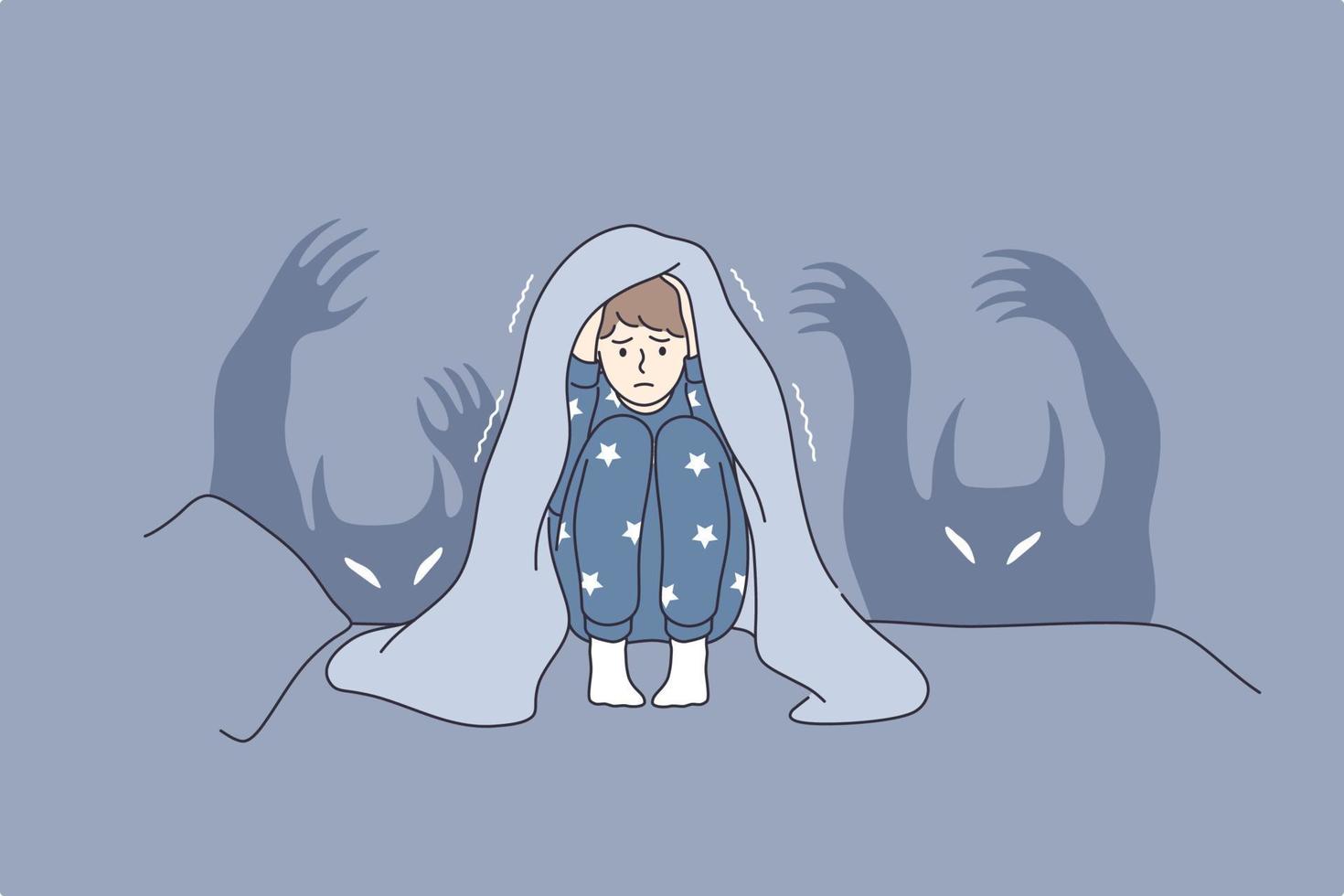 Children nightmares and fears concept. Afraid kid cartoon character sitting in bed covering head with blanket afraid of ghosts and hiding in bed vector illustration