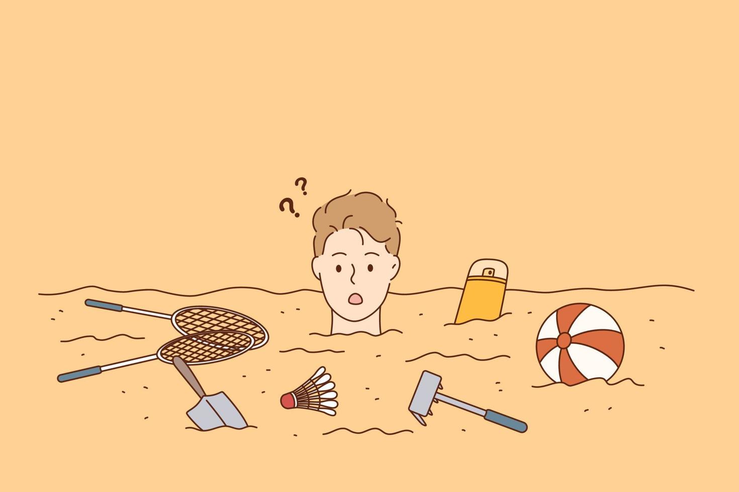 Summer holidays, beach, recreation concept. Portrait of Shocked boy cartoon character with stuck head in sand surrounded with beach accessories during trip vector illustration