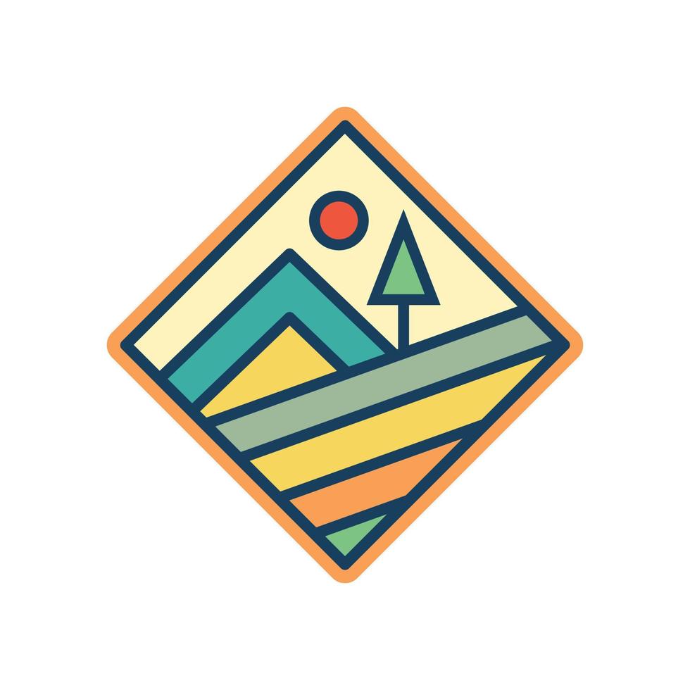 Abstract Sunset beach mountain logo badge design. Logo design icon vector illustration