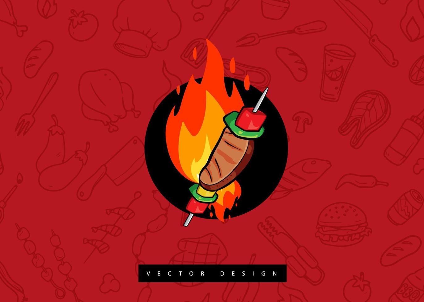 barbeque meat on grill hand drawing. Design colorful style with badge. Outline vector illustration