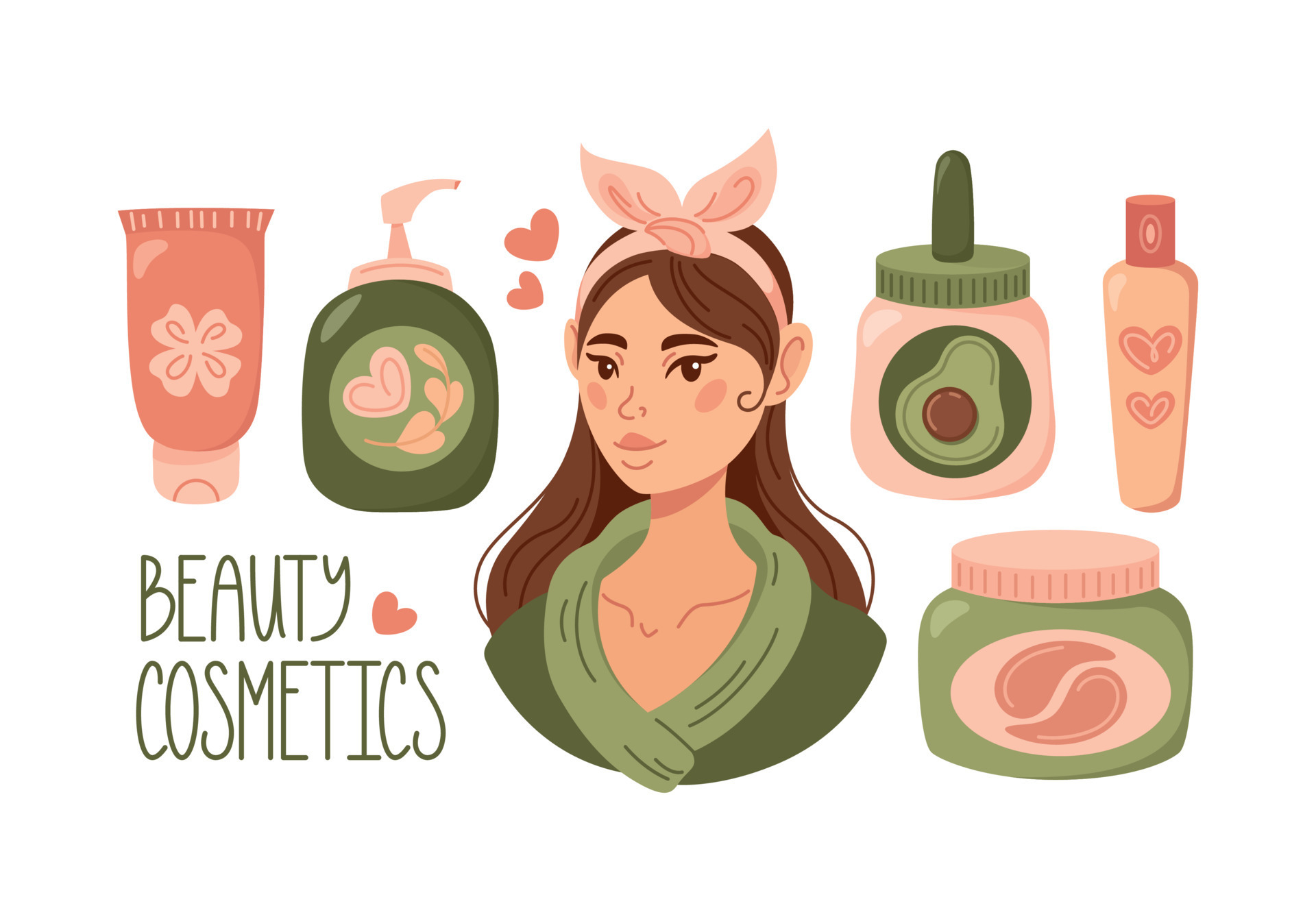 Beauty illustration set. Young girl with beautiful healthy skin 