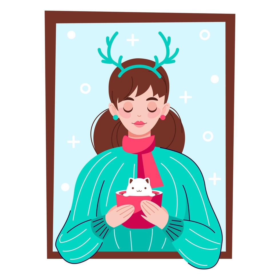 Flat vector colorful illustration with a young woman in the warm winter sweater and deer antlers. Red cup with cream cat New Year and Merry Christmas Celebration. Holiday mood.