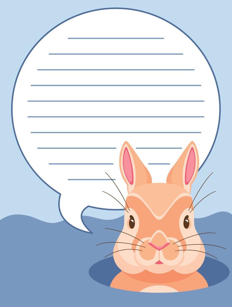 Cute vector rabbit peeking out of a burrow with a template in the cloud. Blue background, beige rabbit. Template with lines for the record. For notebooks and stickers and congratulations