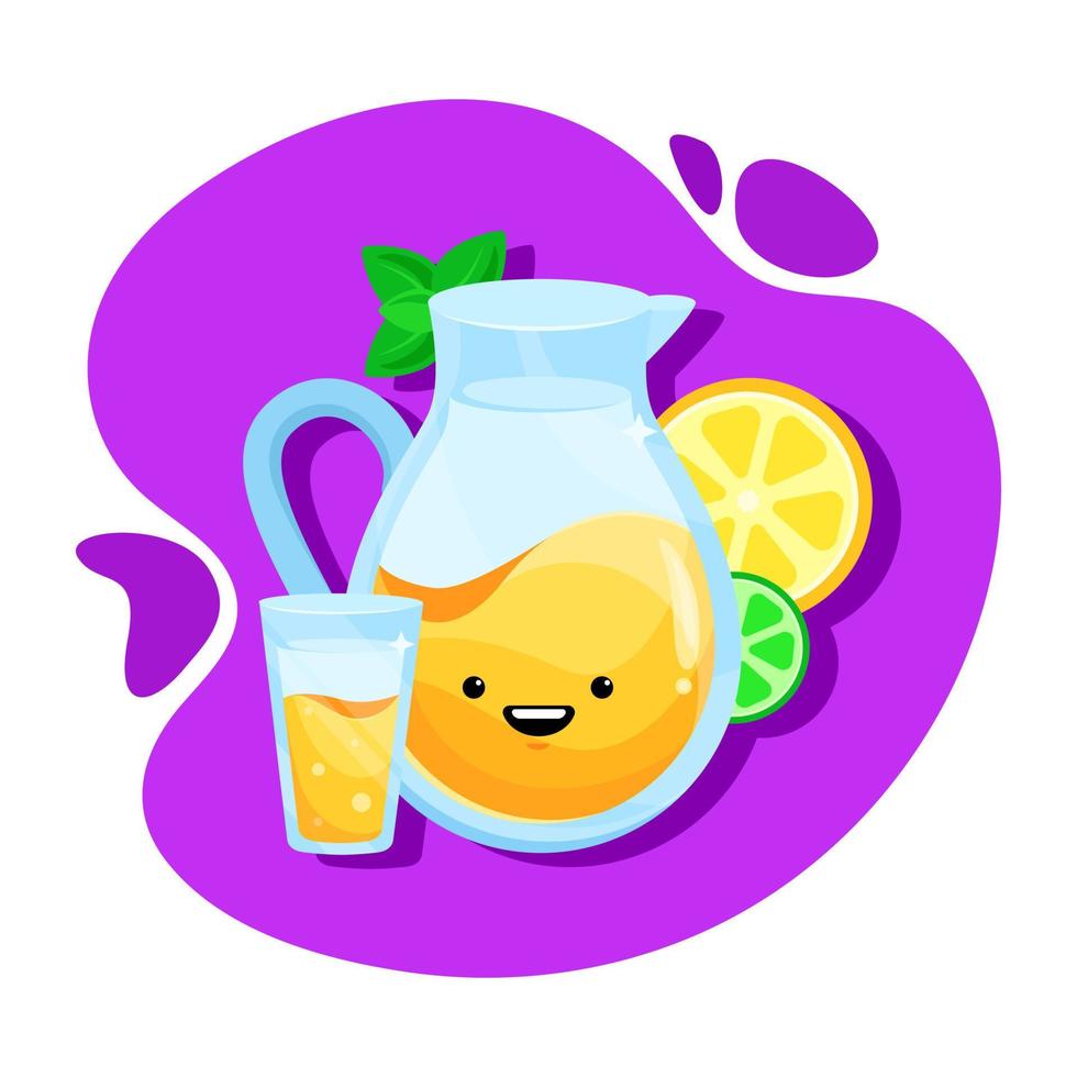 Vector color rectangular icon with orange juice in a glass and jug. Fruits. Healthy drink. Image from several parts. Funny face. Cartoon style for kids. Bright colors.