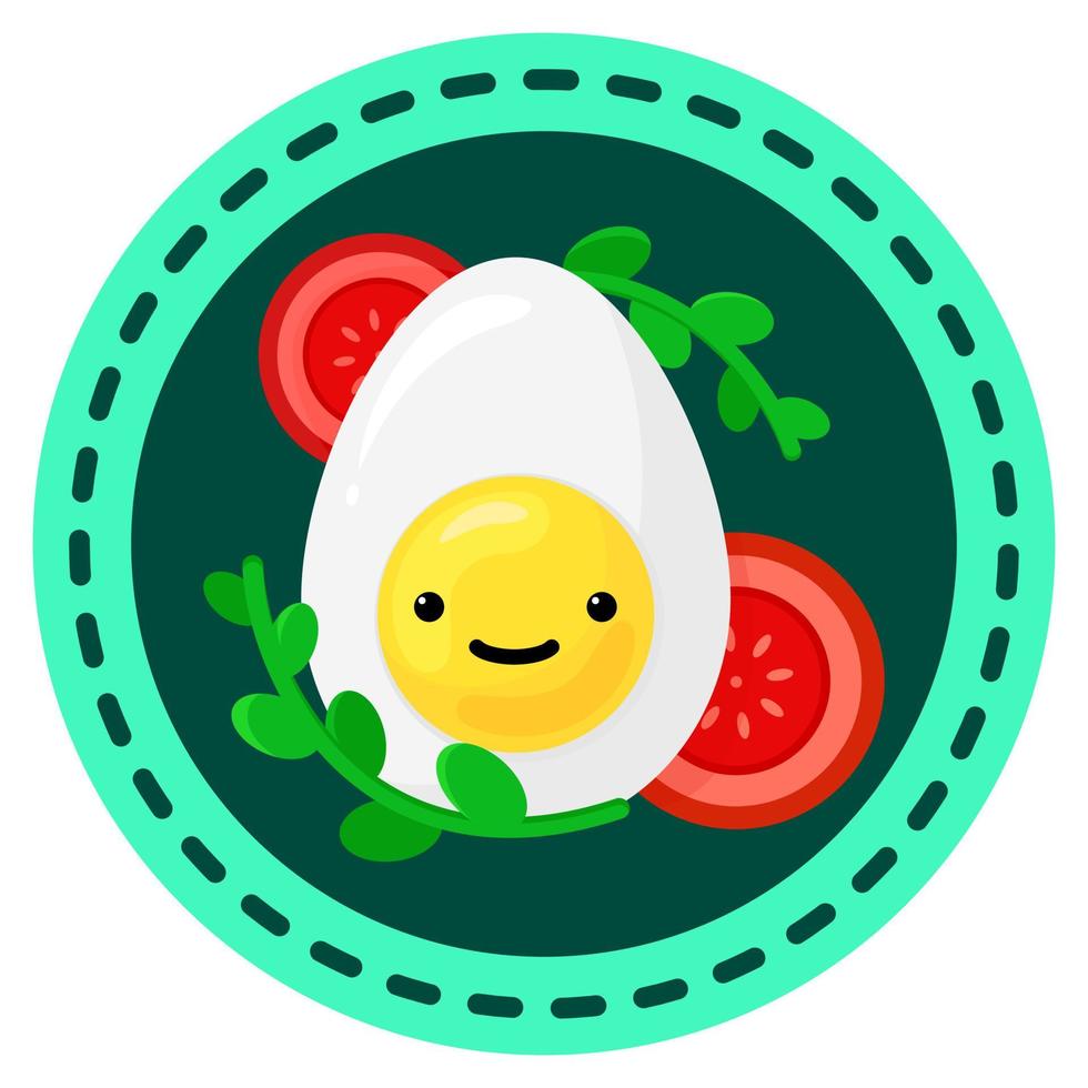 Vector color round icon with breakfast. Egg with tomatoes and herbs. Image from several parts. Funny face. Cartoon style for kids. Bright colors.