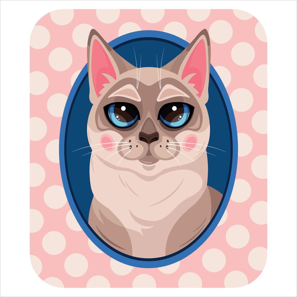 The beige cat with blue eyes in a blue oval frame. Bright vector illustration design with a cute cat face. Print for a T-shirts postcards, notebooks. Cartoon style.