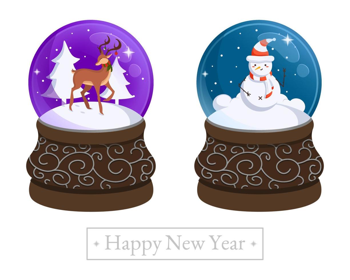 A collection of two snow balls with different characters a cute deer and a funny snowman. Christmas decorations. Isolated on a white background. Vector colorful illustration