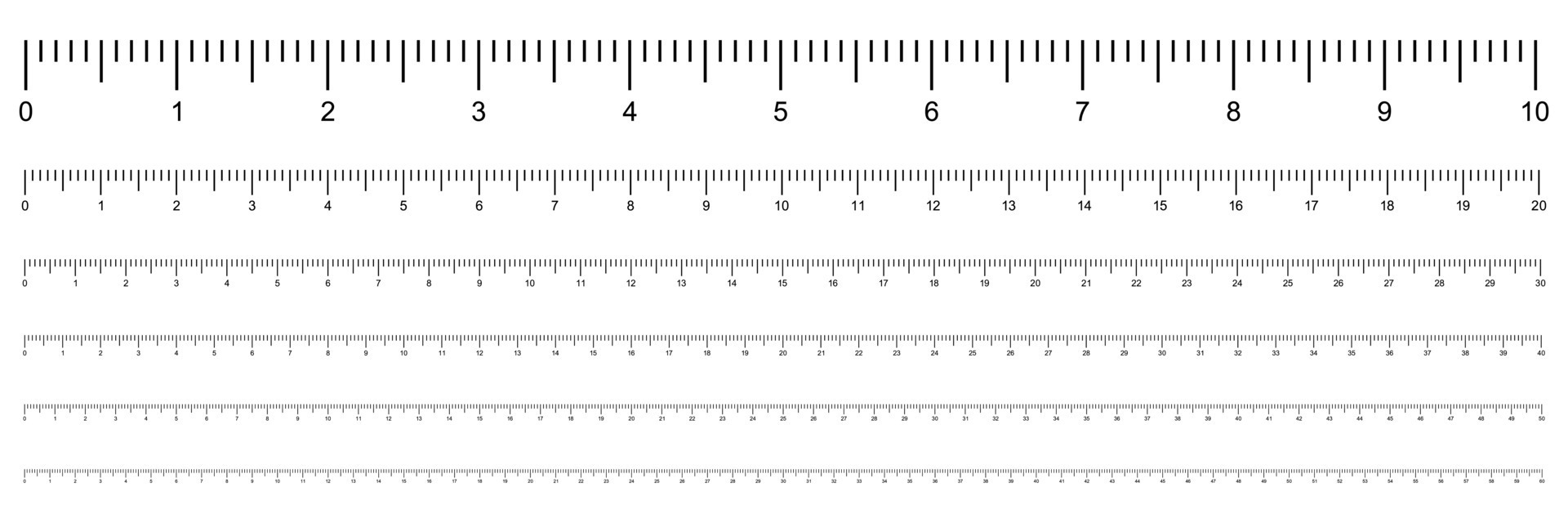 Measurement scale in cm. Ruler from 10 to 60 centimeters. Vector