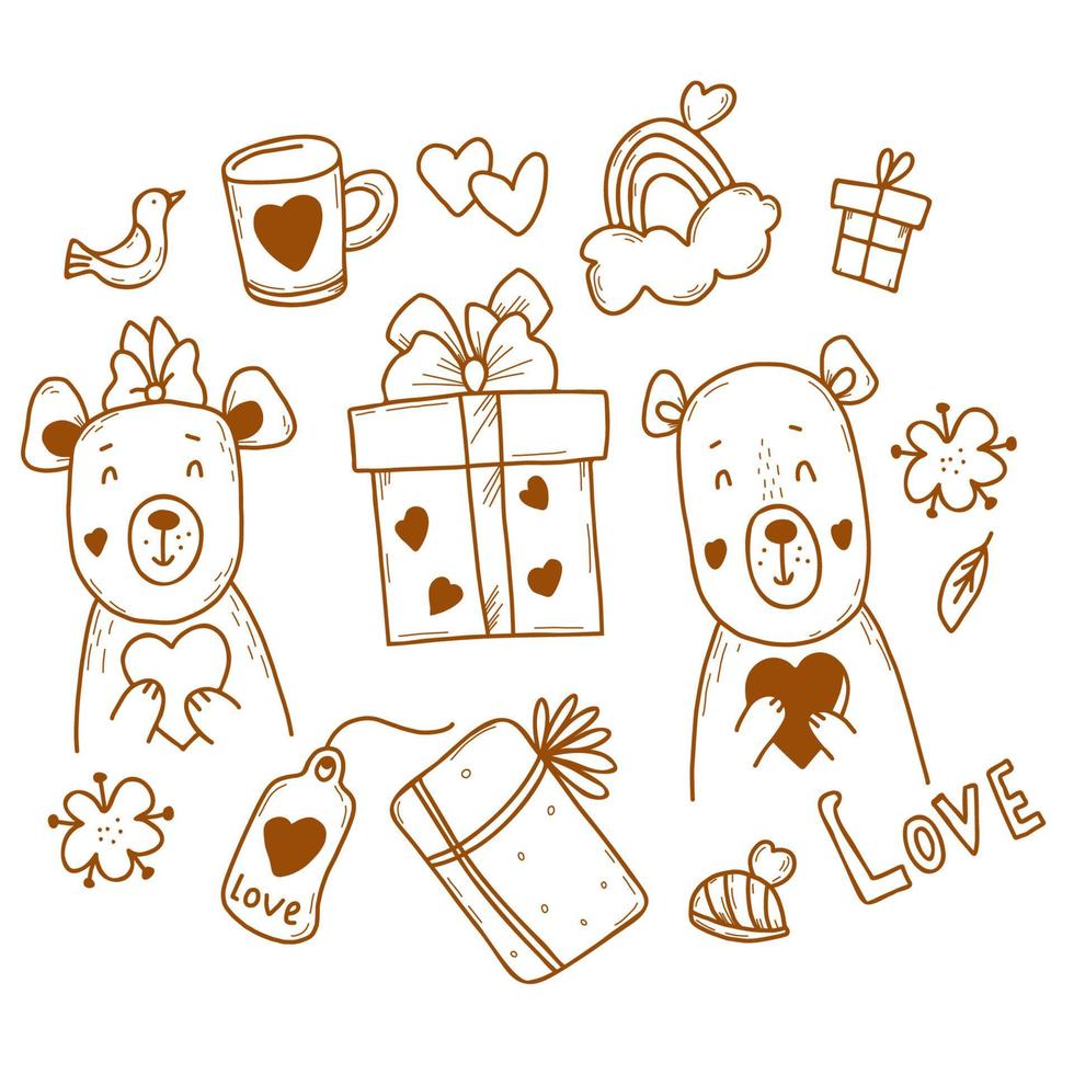 Set of cute bears and love. girl and boy bear with heart in paws, gifts and rainbow, flowers and bird. Vector illustration. Isolated hand drawn linear doodles style for design, decor, valentines.