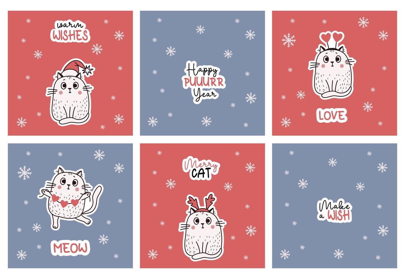 colección de divertidos carteles navideños con lindos gatos e inscripciones navideñas de invierno felicitaciones. tarjetas cuadradas vectoriales en estilo de dibujos animados para saludar año nuevo, tarjetas de Navidad, diseño e impresión. vector