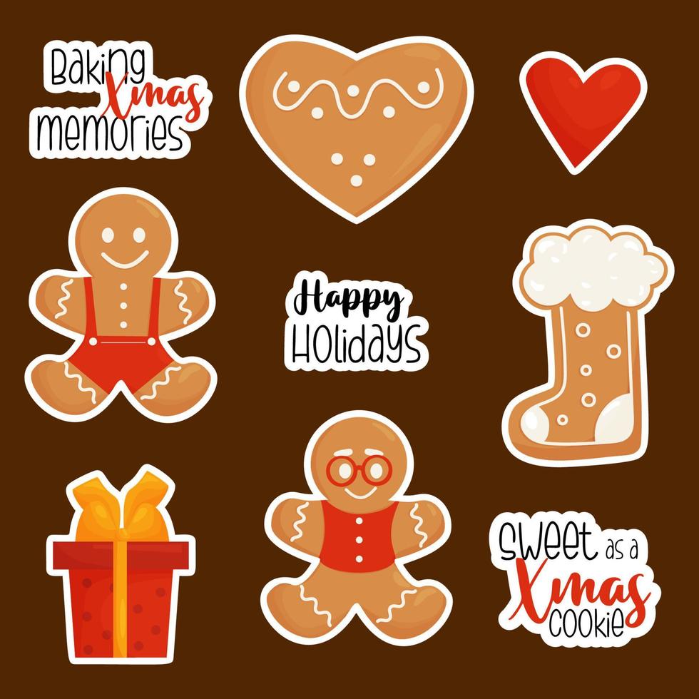 Collection Christmas gingerbread vector stickers. Cute gingerbread mans, Christmas boot, heart and gift and congratulation and cool inscription. Isolated elements for New Years design and decor.