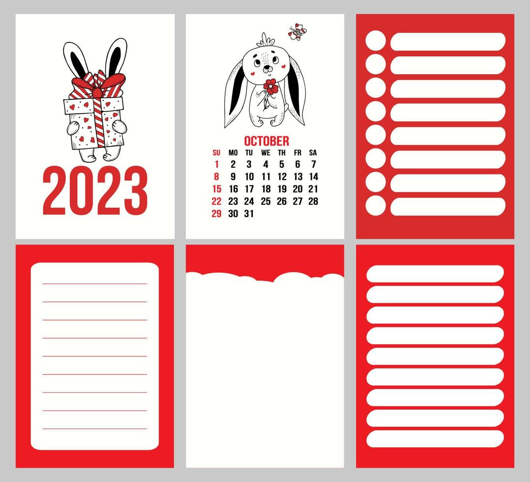 Big set calendar planner with cover for October 2023 with cute rabbit and pages, notes, control and to do list. Vector illustration. Week from Sunday. in english. year of rabbit to Chinese calendar