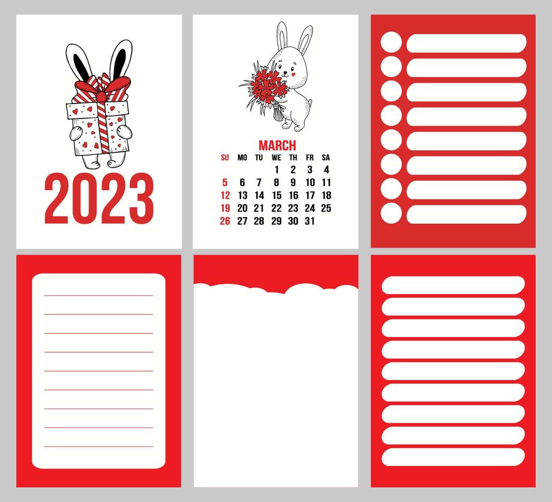 Vertical set calendar template for March 2023 with cute rabbit with flower and planner pages, notes, to do list. Vector illustration. Week from sunday. in english. year of rabbit to Chinese calendar