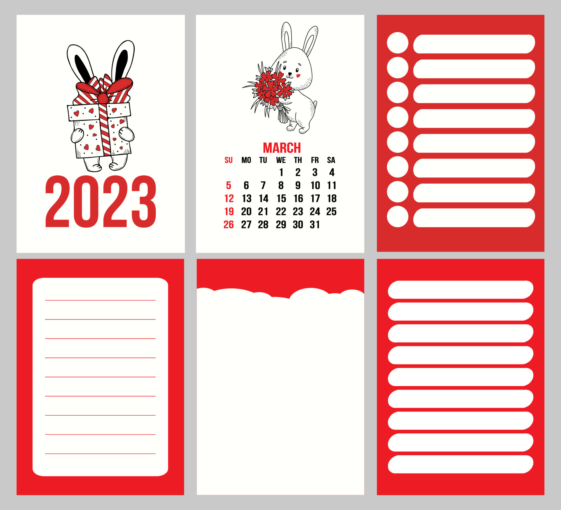 Vertical Set Calendar Template For March 2023 With Cute Rabbit With Flower  And Planner Pages, Notes, To Do List. Vector Illustration. Week From  Sunday. In English. Year Of Rabbit To Chinese Calendar