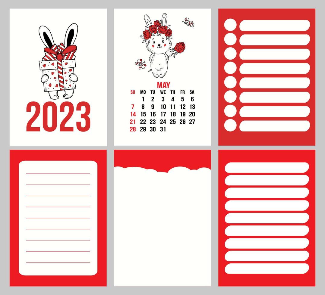 plantilla de calendario de colección para mayo de 2023 con lindo conejo de flores y páginas de planificador, notas, lista de tareas pendientes. ilustración vectorial semana a partir del domingo. en inglés. 2023 año del conejo al calendario chino vector