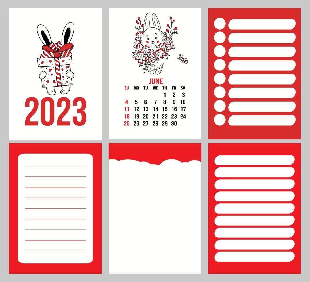 plantilla de calendario de colección para junio de 2023 con lindo conejo de flores y páginas de planificador, notas, lista de tareas pendientes. ilustración vectorial semana a partir del domingo. en inglés. 2023 año del conejo al calendario chino vector