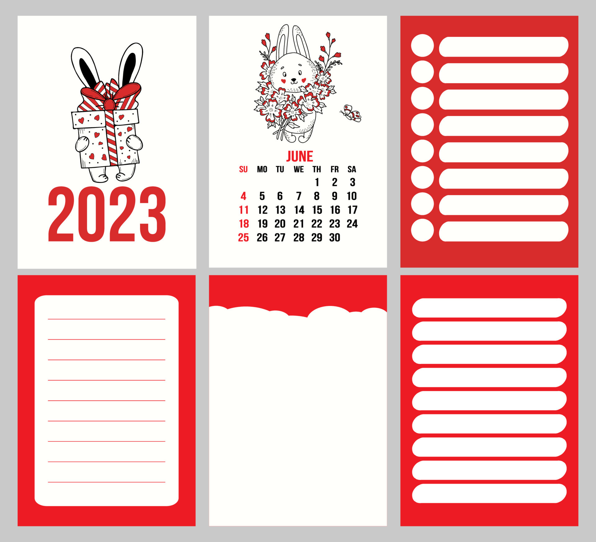 Collection calendar template for june 2023 with cute rabbit of flowers