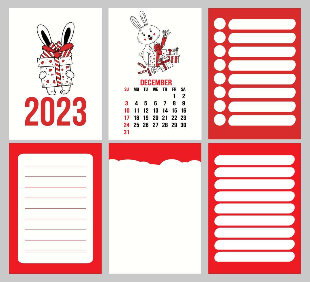Big set calendar planner with cover for December 2023 with cute rabbit and pages, notes, control and to do list. Vector illustration. Week from Sunday. in english. year of rabbit to Chinese calendar