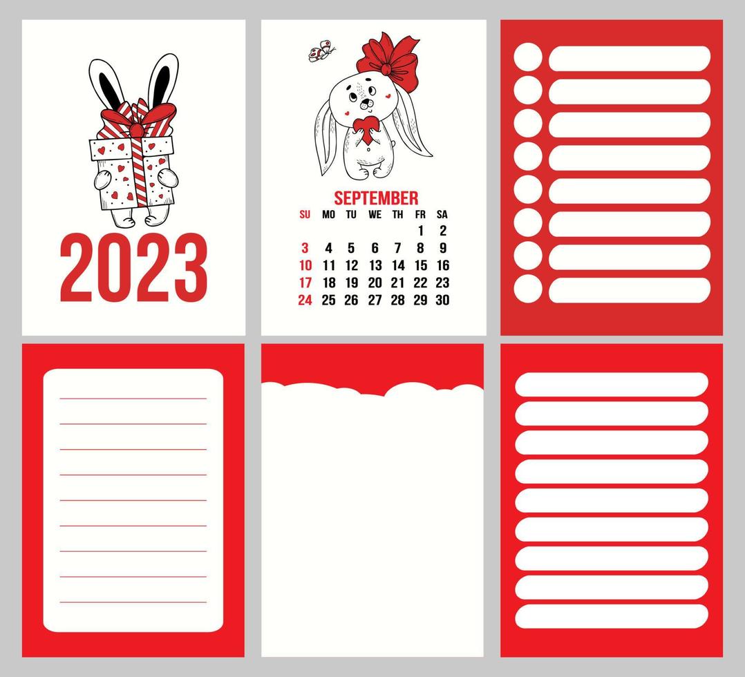 Big set calendar planner with cover for September 2023 with cute rabbit and pages, notes, control and to do list. Vector illustration. Week from Sunday. in english. year of rabbit to Chinese calendar