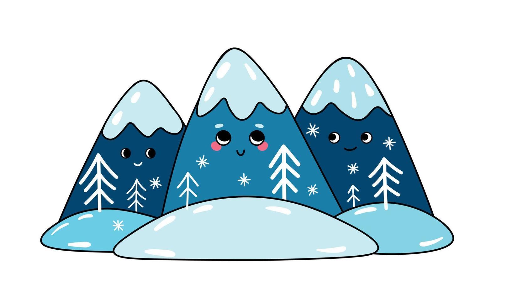 ilustración vectorial de lindos personajes montañas. linda ilustración de invierno de montañas de dibujos animados vector