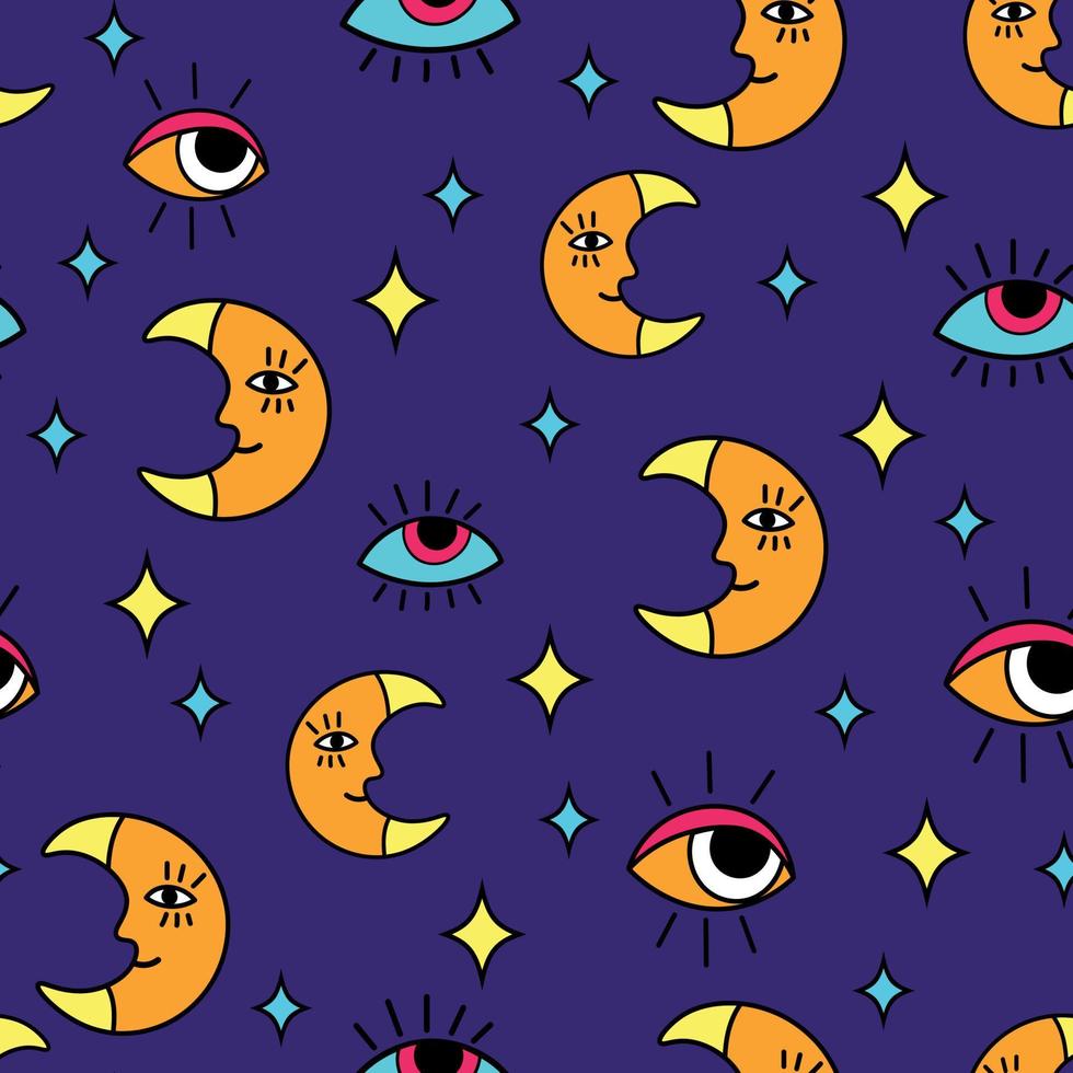 Bizzare Psychedelic Vector Seamless Pattern with Trippy Moon and Eyes. Magical Mystic Scary Psychedelic Vibes 70s and 60s Pattern