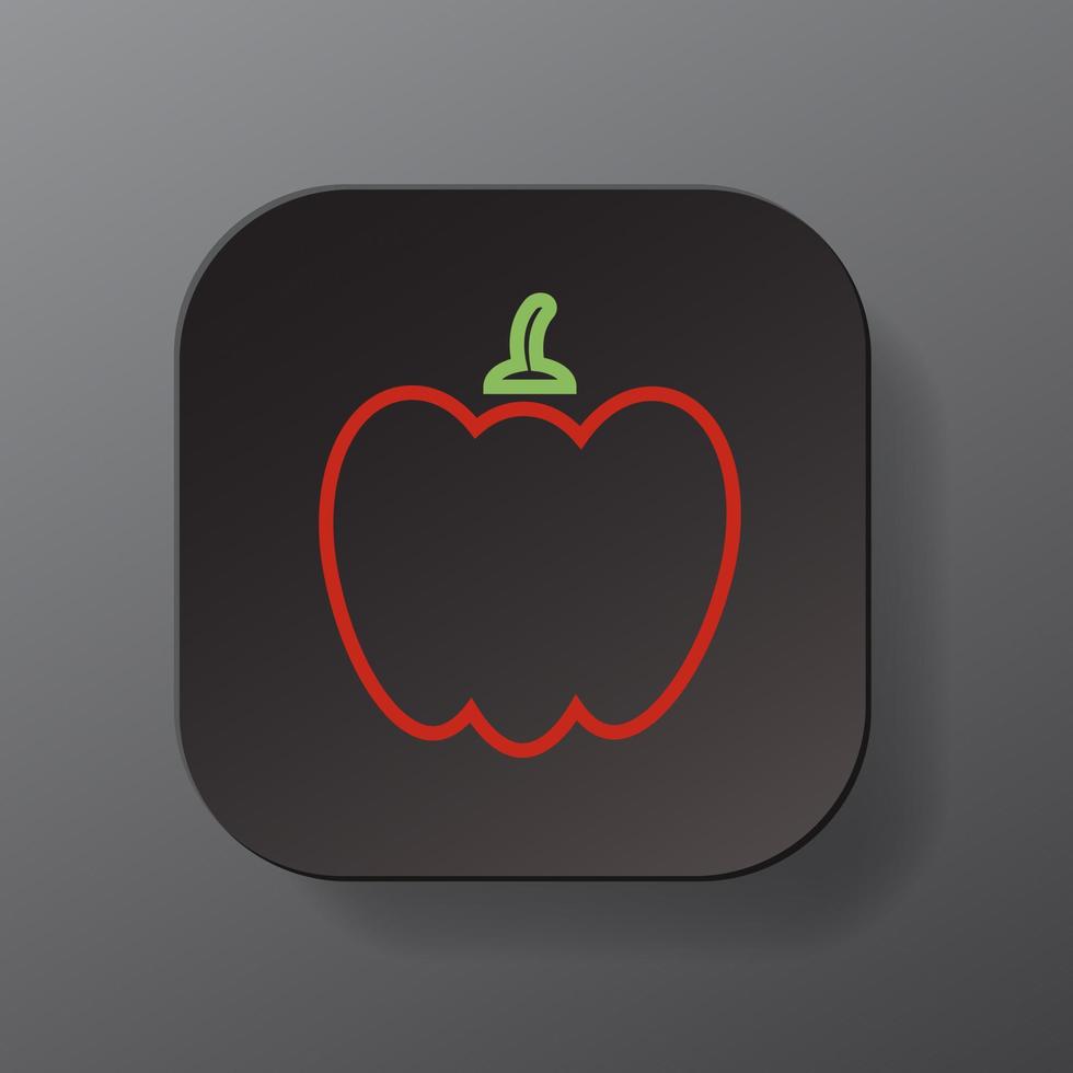 Black square button with paprika vegetable outline icon, red bell pepper on the plate. Flat symbol sign vector illustration isolated on gray background. Healthy nutrition concept