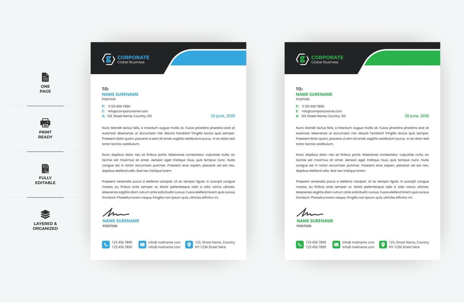 A4 size Minimal Letterhead Design, Two Colours Business letterhead Design vector