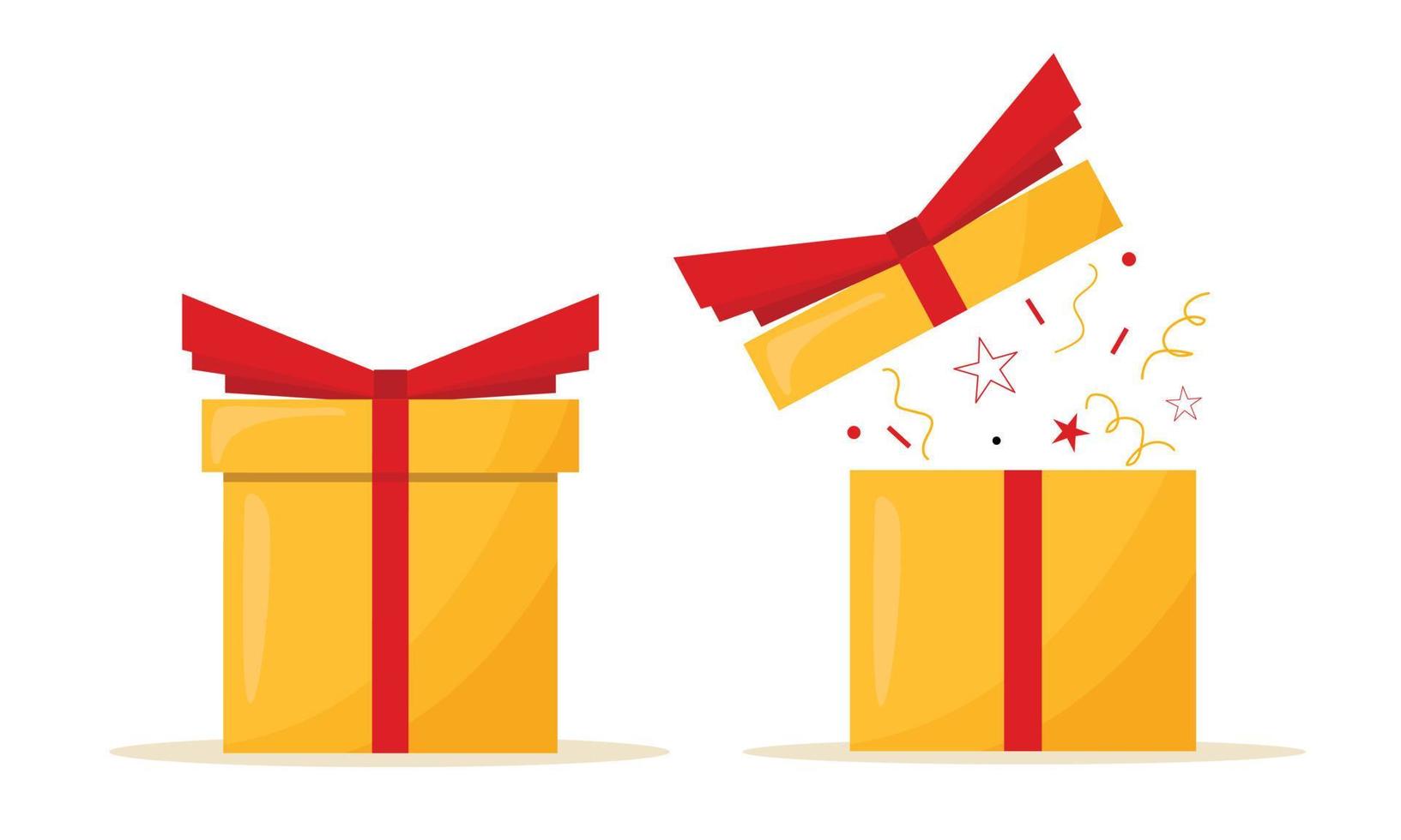 Gift box closed and opened. Yellow present box with red ribbon and bow. Vector illustration.