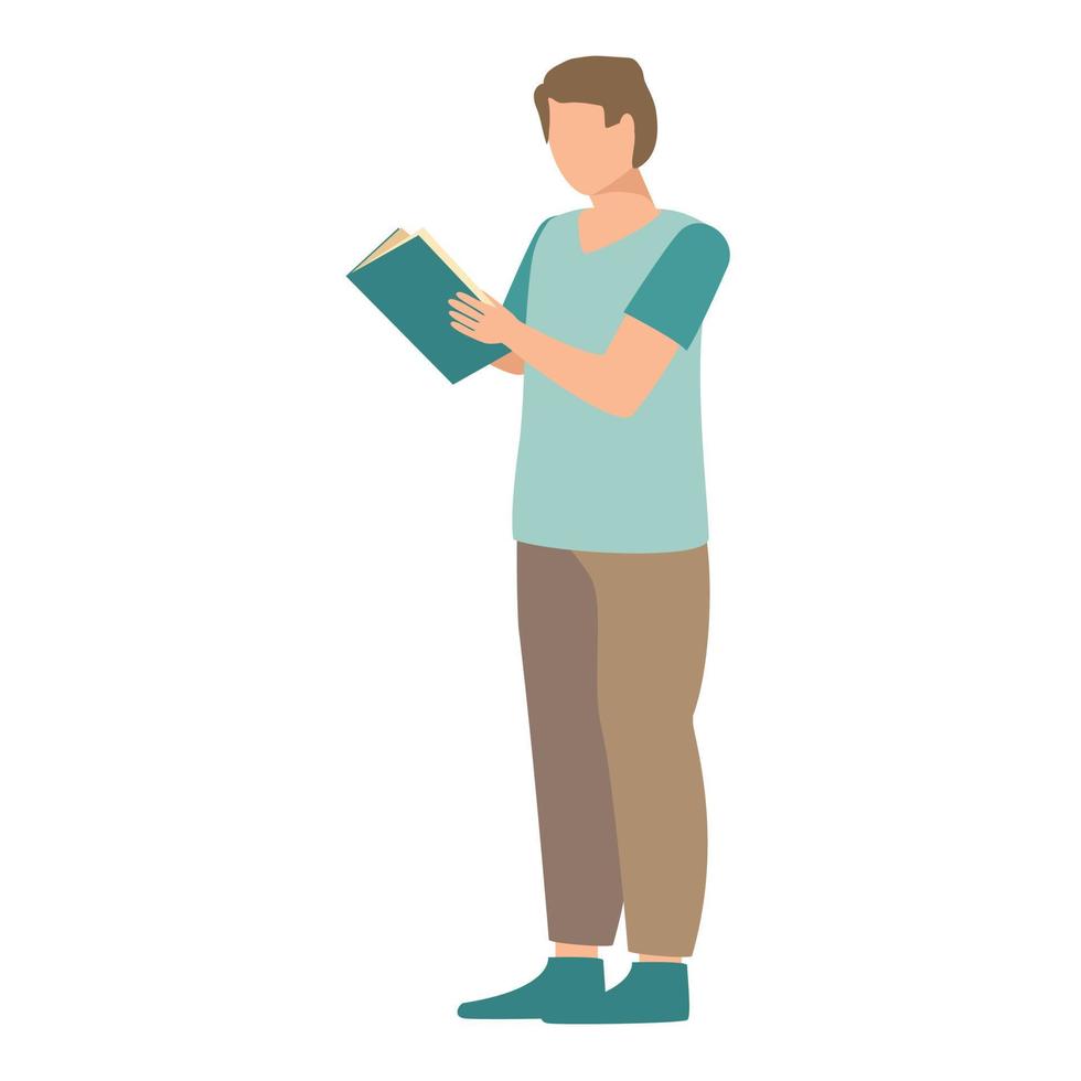 Isolated European man standing and reading a book. Vector illustration.