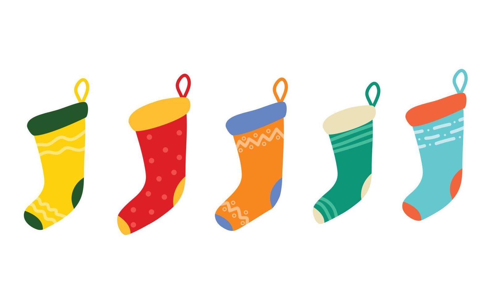Set of Christmas socks for preset or gift isolated on white background. Vector illustration.