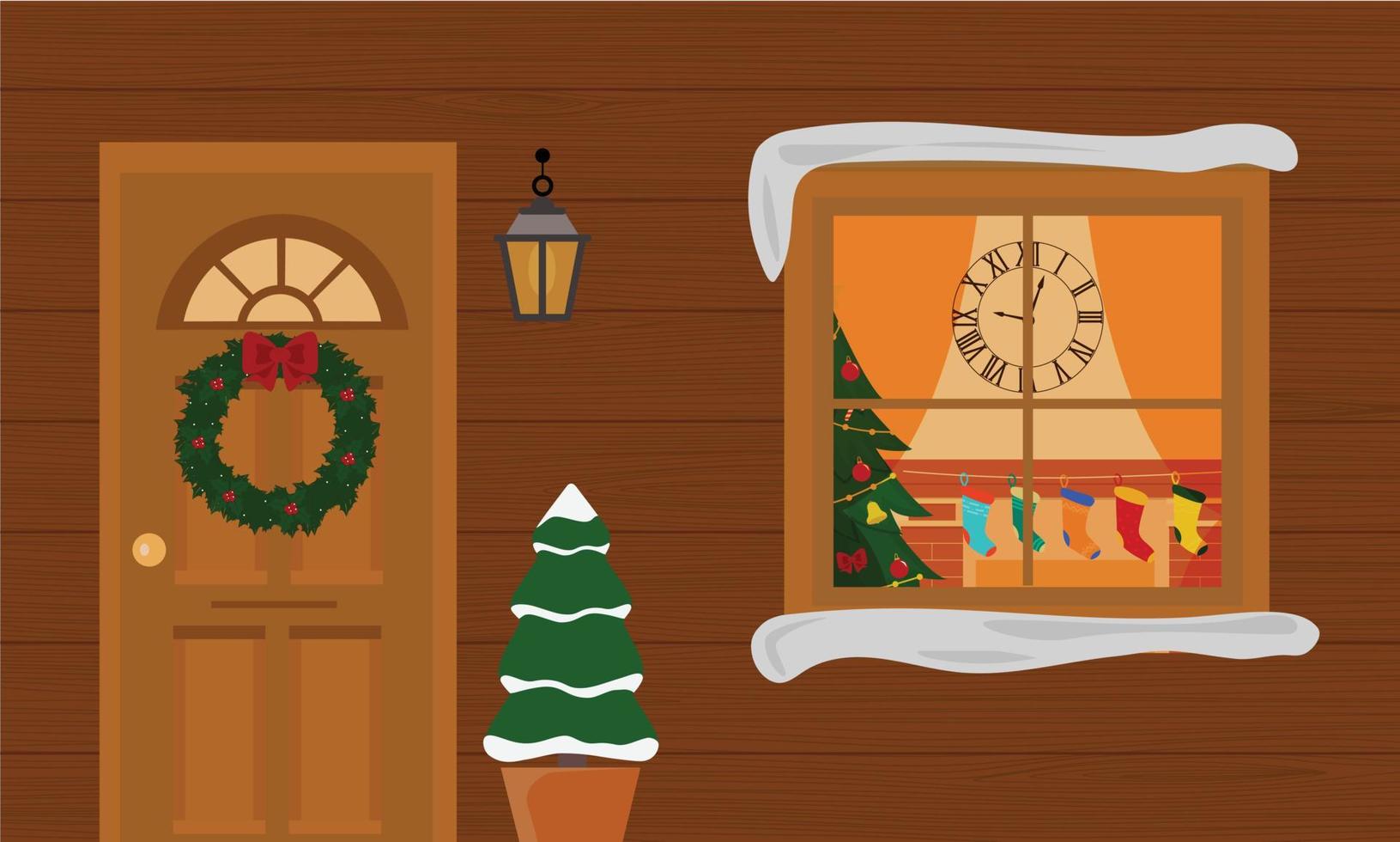 Christmas house with decoration porch with little trees and lanterns. Window with Christmas living room xmas tree, lights, presents, fireplace. vector