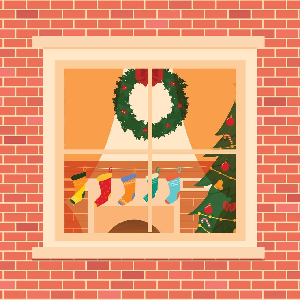 ventana con salón de navidad árbol de navidad, luces, regalos, chimenea. ventana en pared de ladrillo. elemento arquitectónico de la fachada del edificio. vector