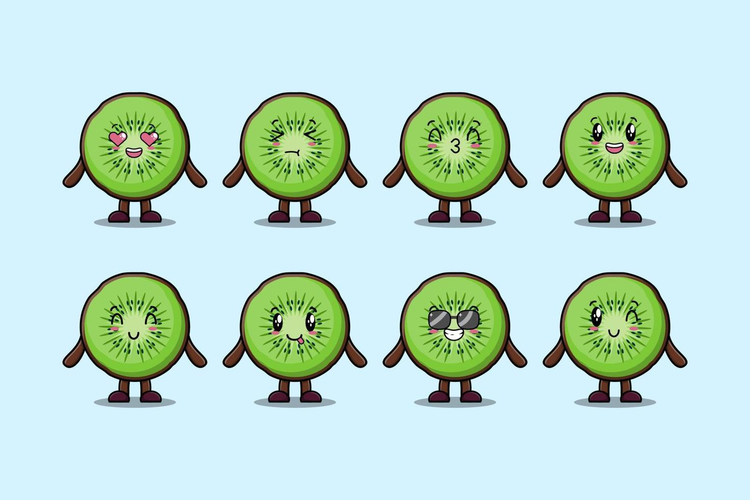 Establecer expresiones de dibujos animados de kiwi kawaii vector