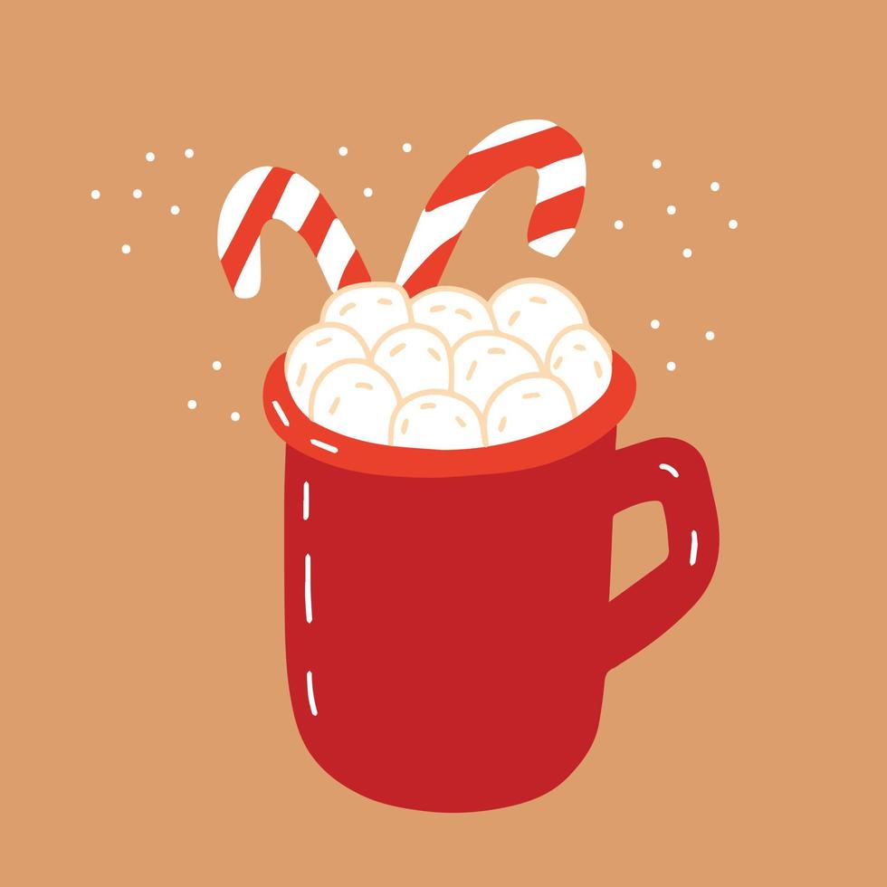 Christmas greeting card with hot chocolate red cup and candy cane. Vector flat style hot chocolate with marshmallow Christmas card