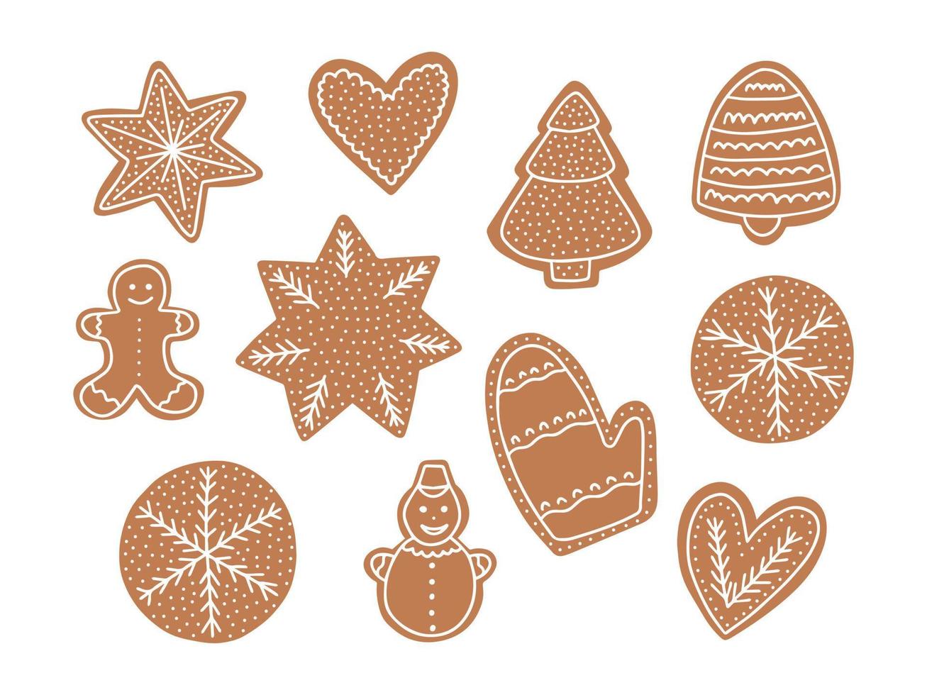 conjunto de Navidad de galleta de jengibre vectorial. galleta navideña de estilo plano en diferentes formas con glaseado blanco, vector