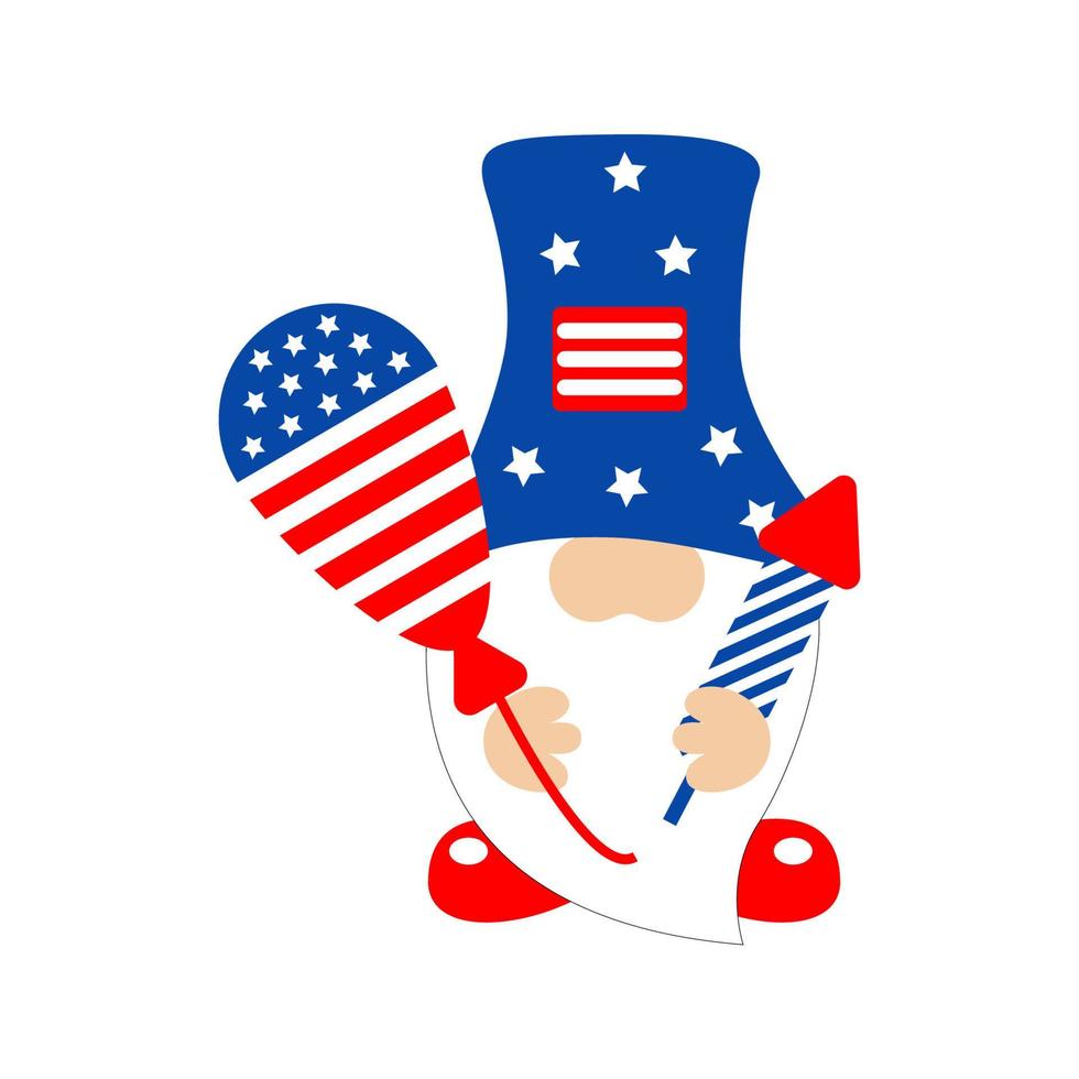 American gnome with baloon  fireworks. Cute vector prints for 4th of July. Independence day design elements in the colors of the US national flag.