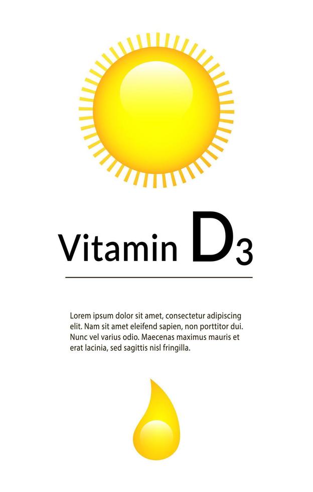 banner vertical para publicidad de vitamina d. sol brillante y gota. publicidad médica. bandera vectorial vertical. vector