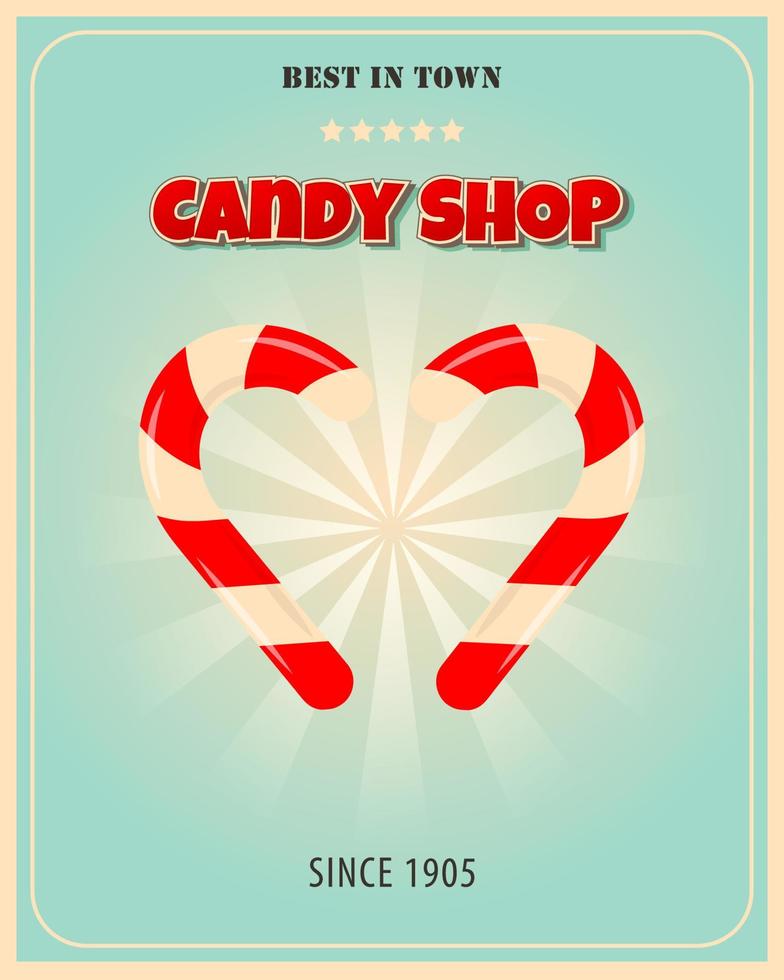 Retro poster design for candy shop. Candies vintage banner theme. Promotional banner for sweets, cakes and desserts. vector