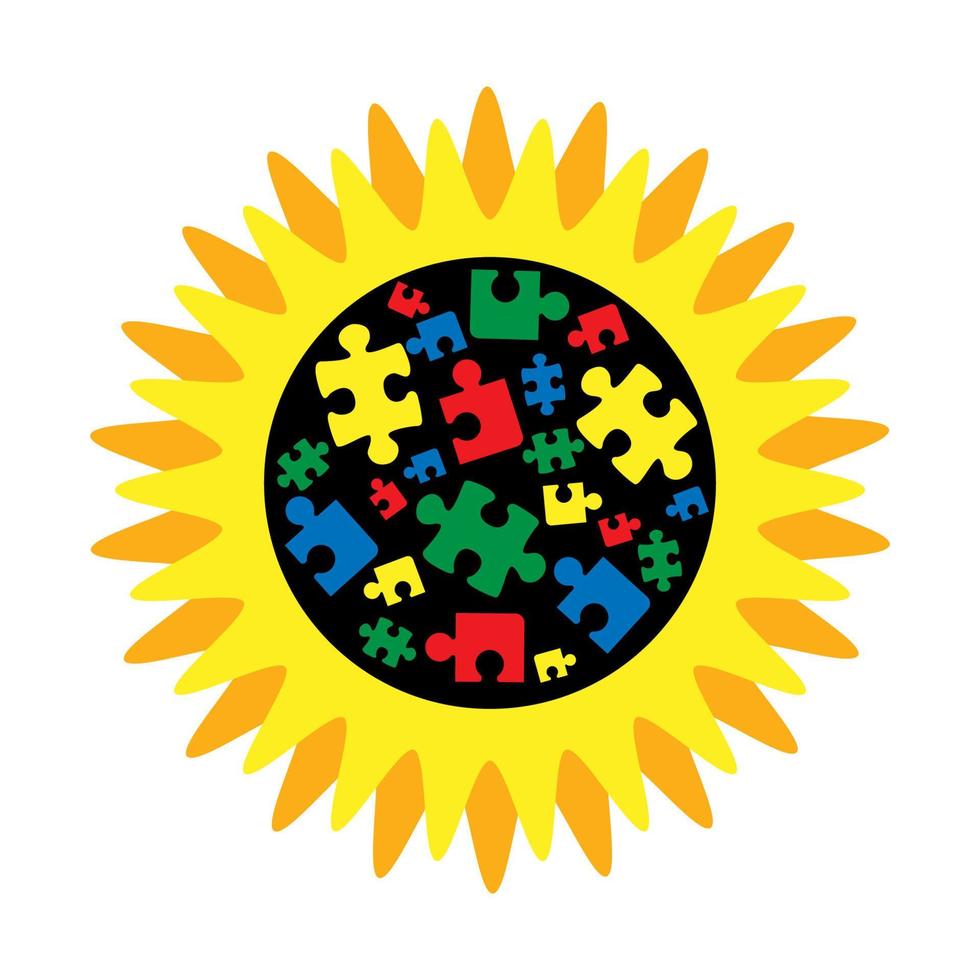 girasoles con pazzle. Consciencia sobre el autismo. plantilla de póster de concepto de autismo. ilustración vectorial vector